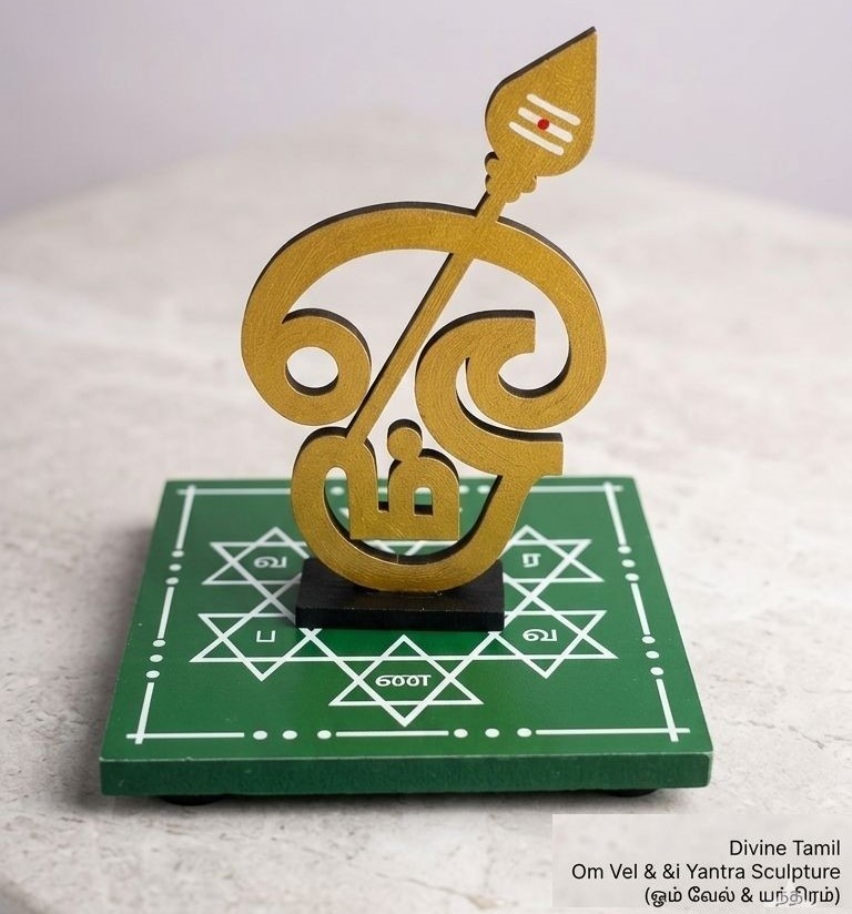 Wooden Tamil OM Vel statue